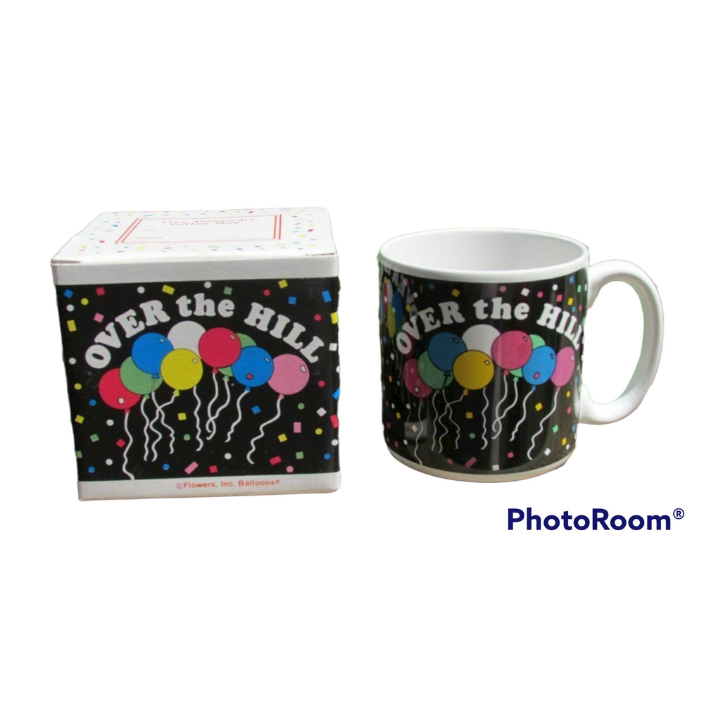 NIB Over the Hill coffee cup‎ mug black w/ balloons great birthday gift